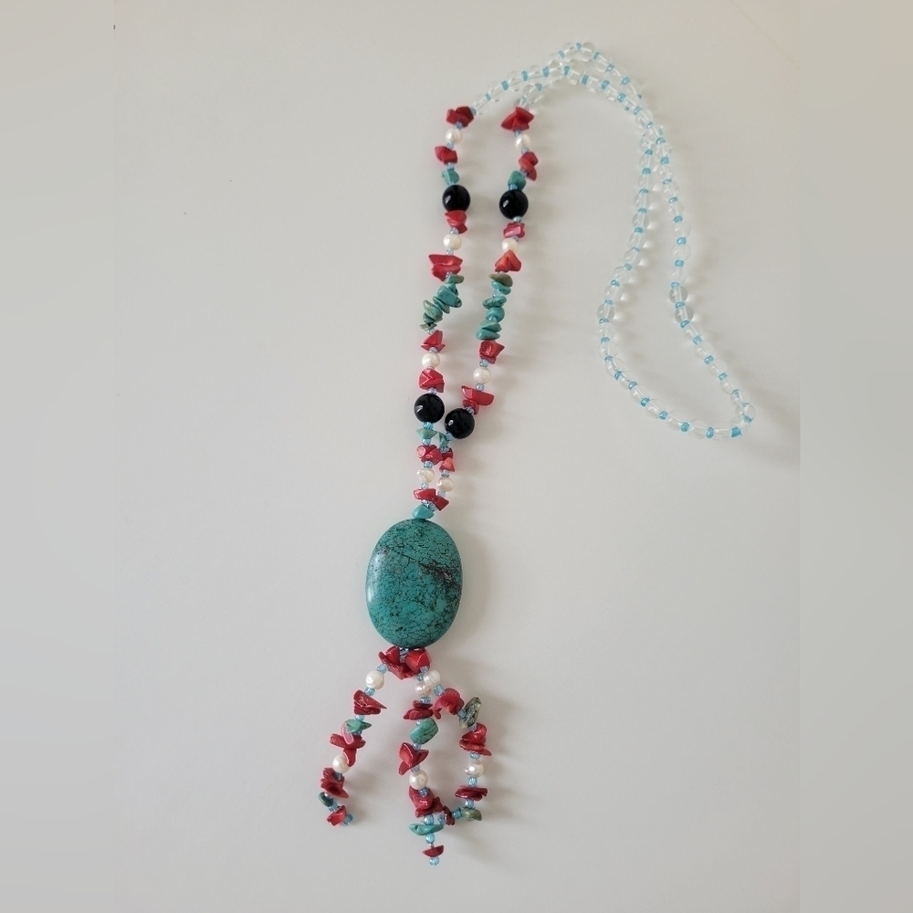Turquoise and Coral Beaded Necklace 18" Long